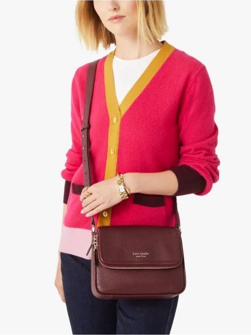 Kate Spade Run Around Large Flap Pebble Leather Crossbody Bag Burgundy Wine